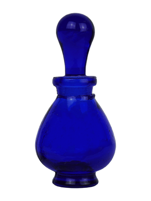 Blue glass teardrop shaped bottle with glass stopper. Capacity : 9ml (1/3oz)
