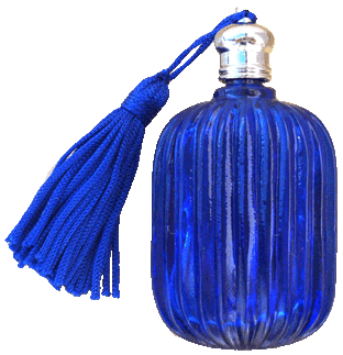 Fluted Pillow shaped Blue glass perfume bottle with Blue tasseled Silver cap. Capacity: 9ml(1/3oz)