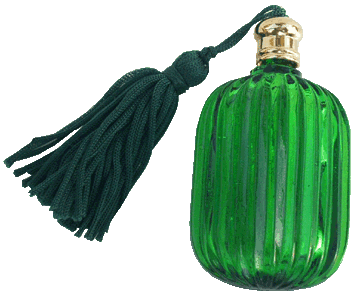 Fluted Pillow shaped green glass perfume bottle with Green tasseled Gold cap. Capa