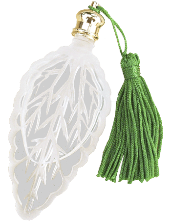 Narrow leaf shaped design bottle Green tasseled Gold cap. Capacity : 7ml (1/4oz)