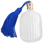 Fluted Pillow shaped White glass perfume bottle with Blue tasseled Gold cap. Capac