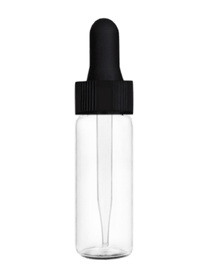 Vial design 1 dram Clear glass vial with black dropper.