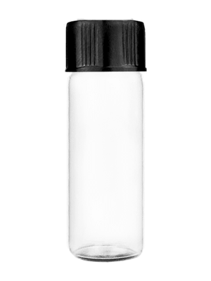 Vial design 2 ml clear glass vial with short black cap.