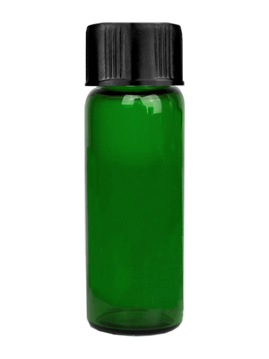 Vial design 1 dram Green glass vial with black short cap.