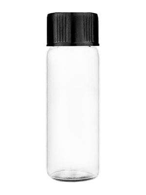 Vial design 1 dram Clear glass vial with black short cap.