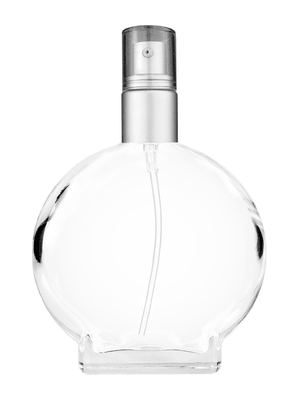Circle design 100 ml, 3 1/2oz  clear glass bottle  with with a matte silver collar treatment pump and clear overcap.