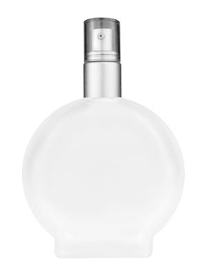 Circle design 100 ml, 3 1/2oz frosted glass bottle with with a matte silver collar treatment pump and clear overcap.