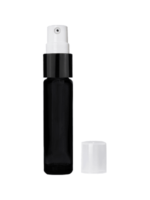 Cylinder design 9ml,1/3 oz black glass bottle with treatment pump with black trim and plastic overcap.