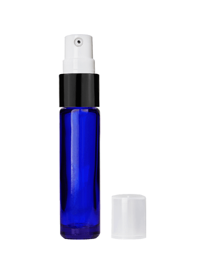 Cylinder design 9ml,1/3 oz Cobalt blue glass bottle with treatment pump with black trim and plastic overcap.