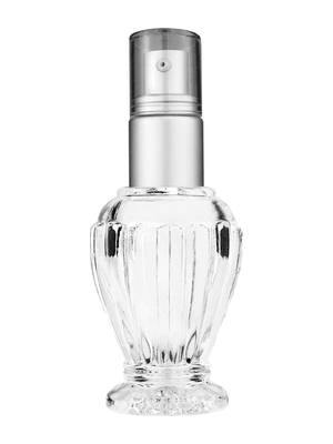Diva design 30 ml, 1oz  clear glass bottle  with with a matte silver collar treatment pump and clear overcap.