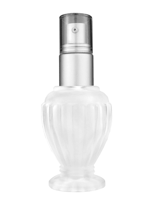 Diva design 30 ml, 1oz frosted glass bottle with with a matte silver collar treatment pump and clear overcap.