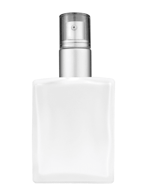 Elegant design 60 ml, 2oz frosted glass bottle with with a matte silver collar treatment pump and clear overcap.