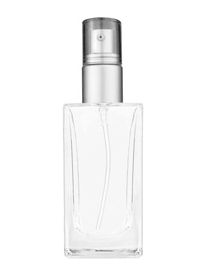 Empire design 100 ml, 3 1/2oz  clear glass bottle  with with a matte silver collar treatment pump and clear overcap.