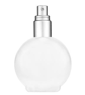 Round design 128 ml, 4.33oz frosted glass bottle with with a matte silver collar treatment pump and clear overcap.