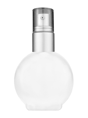 Round design 78 ml, 2.65oz frosted glass bottle with with a matte silver collar treatment pump and clear overcap.
