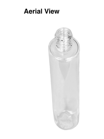 Cylinder design 100 ml, 3 1/2oz clear glass bottle with reducer and black shiny cap.