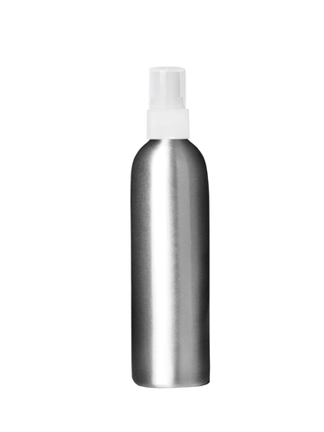 Cylinder shaped, matte aluminum 250 ml bottle with white sprayer.