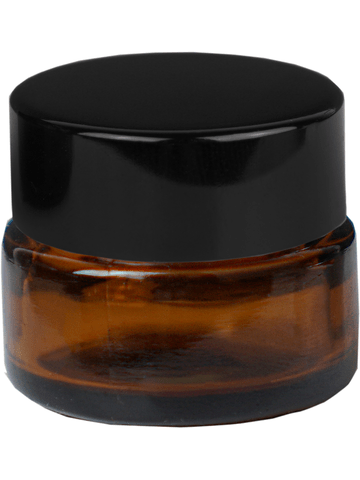 Cream glass jar style 5 ml amber bottle with black cap.