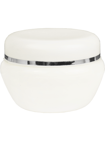 Plastic, cream jar style 4 mlbottle with white cap.