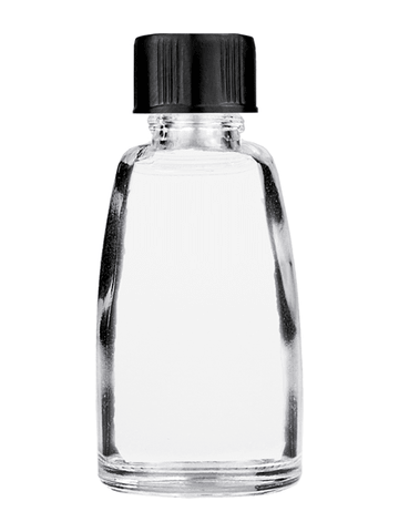 Bell design 12ml, 1/2oz Clear glass bottle with short black cap.