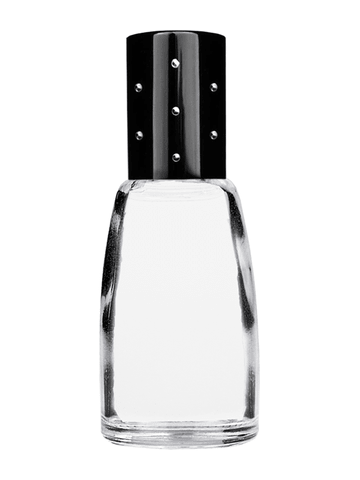 Bell design 12ml, 1/2oz Clear glass bottle with metal roller ball plug and black shiny cap with dots.