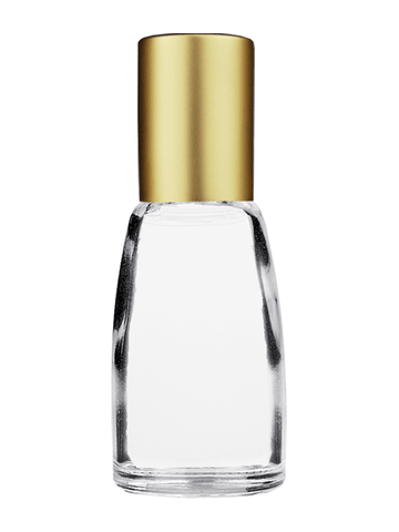 Bell design 12ml, 1/2oz Clear glass bottle with metal roller ball plug and matte gold cap.