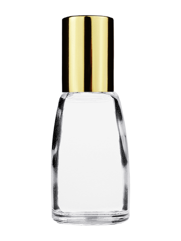 Bell design 12ml, 1/2oz Clear glass bottle with metal roller ball plug and shiny gold cap.