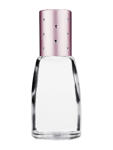 Bell design 12ml, 1/2oz Clear glass bottle with metal roller ball plug and pink cap with dots.