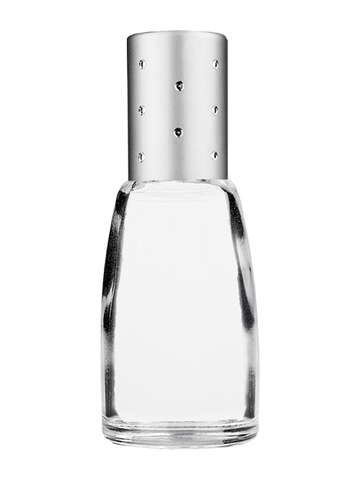Bell design 12ml, 1/2oz Clear glass bottle with metal roller ball plug and silver cap with dots.