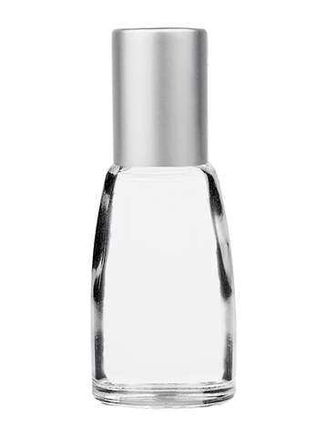 Bell design 12ml, 1/2oz Clear glass bottle with metal roller ball plug and matte silver cap.