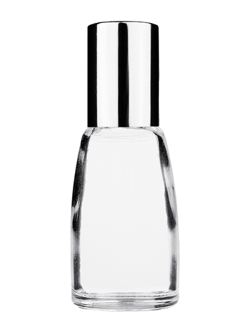 Bell design 12ml, 1/2oz Clear glass bottle with metal roller ball plug and shiny silver cap.