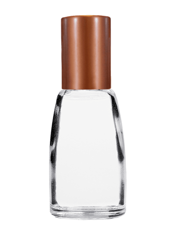 Bell design 12ml, 1/2oz Clear glass bottle with plastic roller ball plug and matte copper cap.