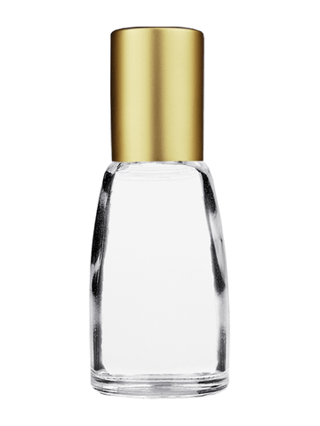 Bell design 12ml, 1/2oz Clear glass bottle with plastic roller ball plug and matte gold cap.