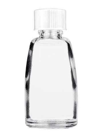 Bell design 12ml, 1/2oz Clear glass bottle with short white cap.