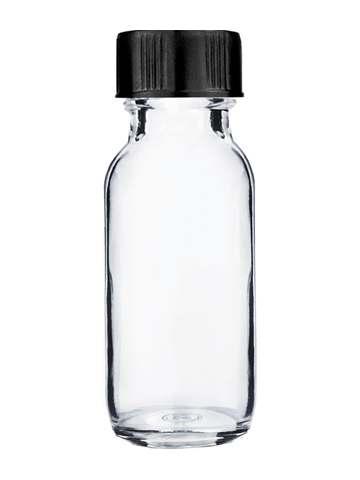 Boston round design 15ml, 1/2 oz  Clear glass bottle with short black cap.