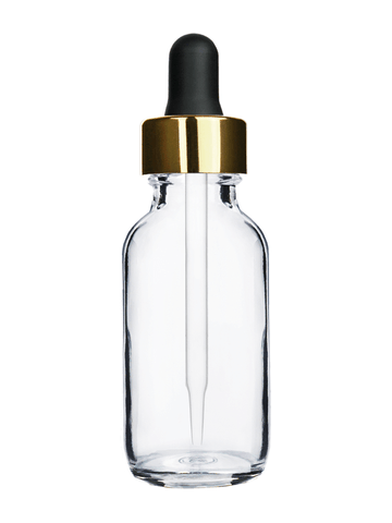 Boston round design 30ml, 1oz Clear glass bottle and black dropper with a shiny gold trim cap.