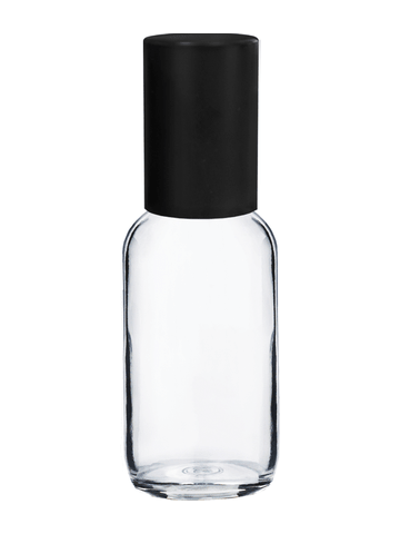 Boston round design 30ml, 1oz Clear glass bottle with plastic roller ball plug and matte black cap.