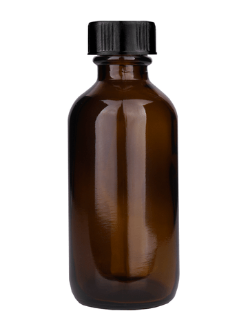 Boston round design 60ml, 2oz Amber glass bottle with short black cap.