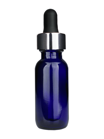 Boston round design 15ml, 1/2 oz  Cobalt blue glass bottle and black dropper and a shiny silver trim cap.