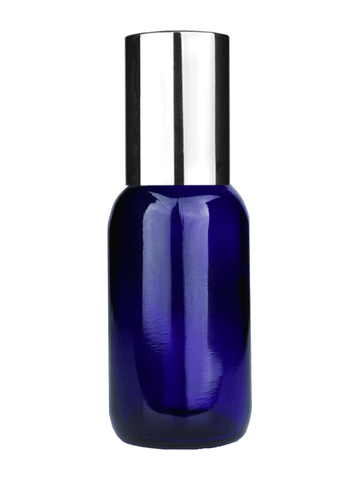 Boston round design 30ml, 1oz Cobalt blue glass bottle with metal roller plug and shiny silver cap.