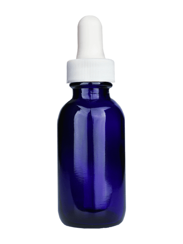 Boston round design 30ml, 1oz Cobalt blue glass bottle with white dropper.