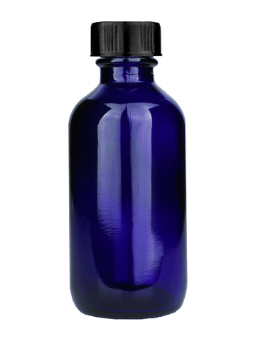Boston round design 60ml, 2oz Cobalt blue glass bottle with short black cap.