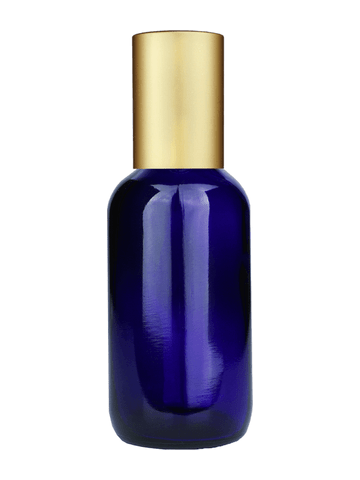Boston round design 60ml, 2oz Cobalt blue glass bottle with metal roller ball plug and matte gold cap.