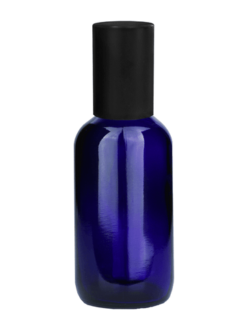 Boston round design 60ml, 2oz Cobalt blue glass bottle with plastic roller ball plug and matte black cap.