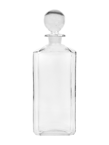 Rectangular clear glass bottle with glass stopper. Capacity: 12oz (336ml)