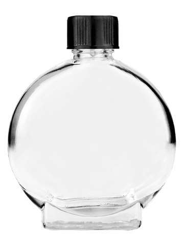 Circle design 15ml, 1/2oz Clear glass bottle with short black cap.