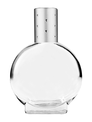 Circle design 15ml, 1/2oz Clear glass bottle with metal roller ball plug and silver cap with dots.