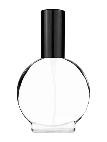 Circle design 30 ml, clear glass bottle with sprayer and black cap.