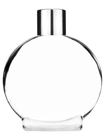 Circle design 50 ml, 1.7oz  clear glass bottle  with reducer and shiny silver cap.