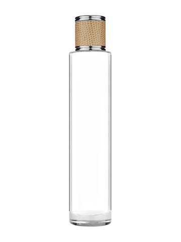 Cylinder design 100 ml, 3 1/2oz  clear glass bottle  with reducer and light brown faux leather cap.